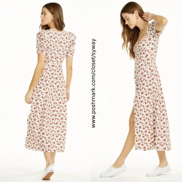 Danielle Bernstein Floral Slitted Short Sleeve Queen Anne Neckline Dress - Picture 2 of 15